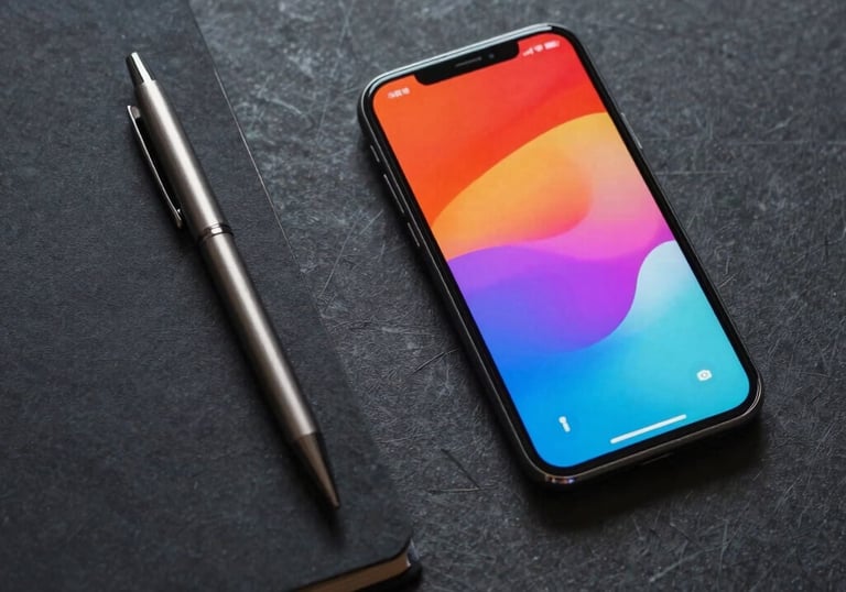 A top-down shot of a creative's desk with a metallic pen, a black sketchbook, and a smartphone showing a vibrant gradient interface, set against a dark, textured charcoal surface.
