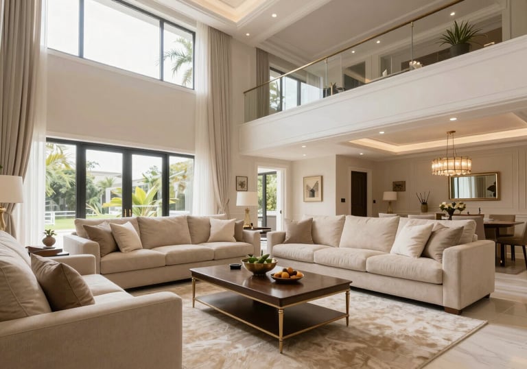 A bright and spacious living room with high ceilings, featuring a fresh coat of soft sand paint. Elegant decor in a Brazilian luxury home setting. Wide-angle lens, professional lighting.