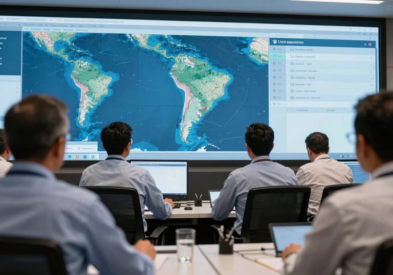 A group of logistics managers in a Latin American / Spanish control room, reviewing digital maps on screens with ocean blue and pale mist blue interfaces.
