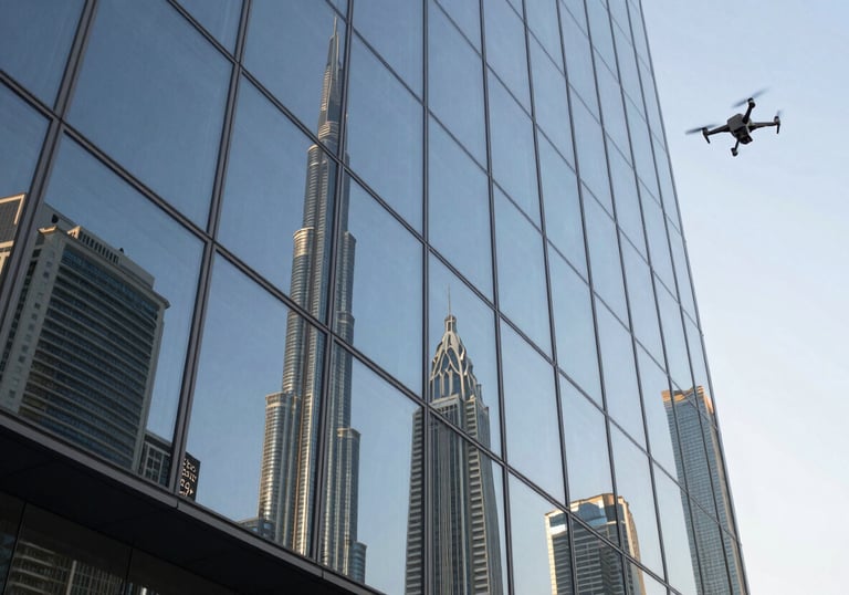 A low-angle view of a series of perfectly clean glass panels on a modern office building, reflecting the iconic Dubai skyline. In the corner, a drone is seen moving to the next section, symbolizing technology-driven efficiency and cleanliness.