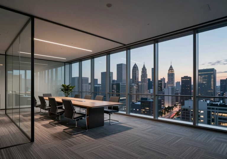A secure, modern glass-walled conference room in a North American corporate building, overlooking a skyline at twilight, sophisticated and calm atmosphere.
