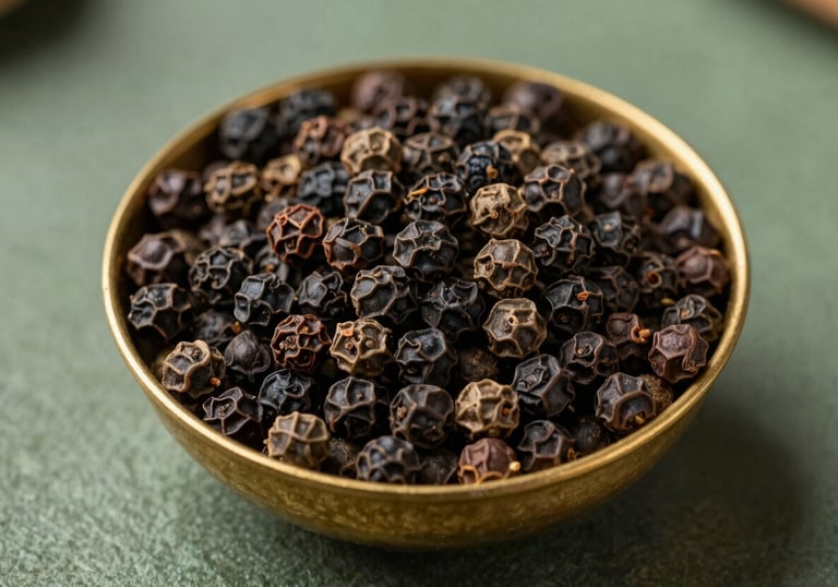 Top-down view of premium Tellicherry black peppercorns in a traditional South Asian / Indian brass bowl. Sharp focus on the textured spice, with soft shadows and a muted green and gold color palette.