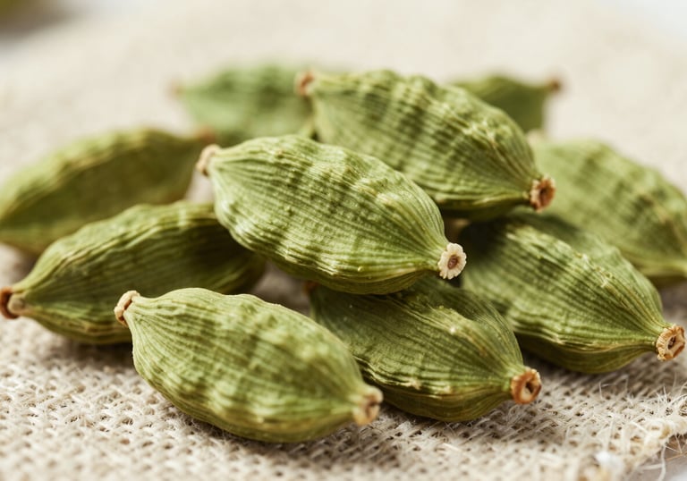Macro photography of bright green cardamom pods piled on a piece of natural linen. Soft, sophisticated lighting highlights the texture and vibrant muted green color. High-end product photography.
