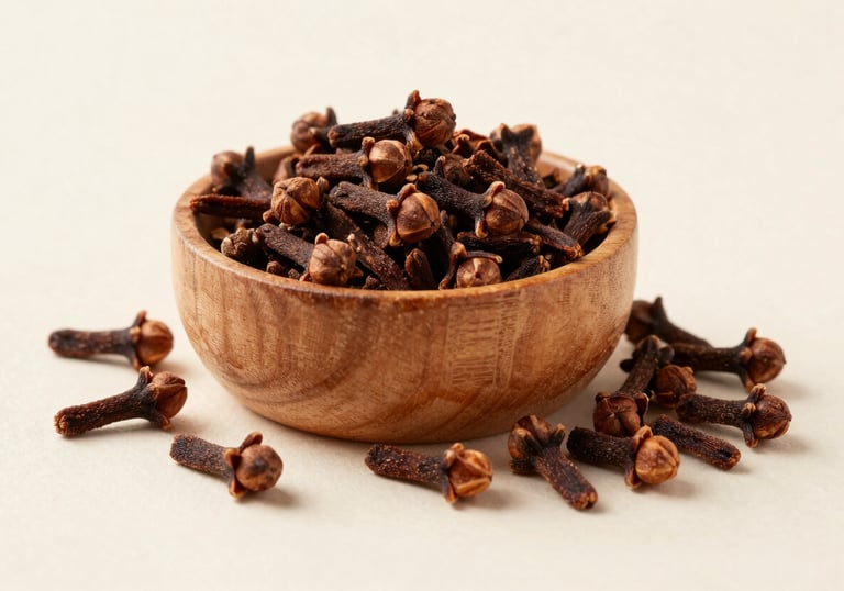 Clean, elegant shot of whole cloves scattered next to a small wooden bowl. The background is a light off-white, focusing on the dark brown and ochre tones of the spice. Professional studio lighting.