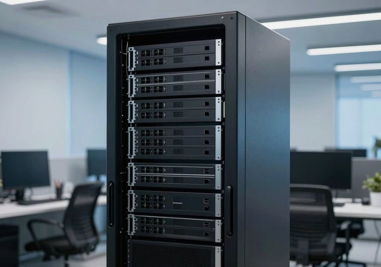 An organized server rack and workstation in a clean, modern Brazilian office, symbolizing high-tech tele-atendimento infrastructure, soft blue ambient light.