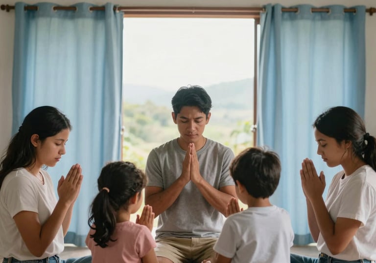 A family sharing a moment of prayer in a bright Central American / Costa Rican home, Soft Sky Blue curtains, warm and uplifting atmosphere with Pale Mist White light.