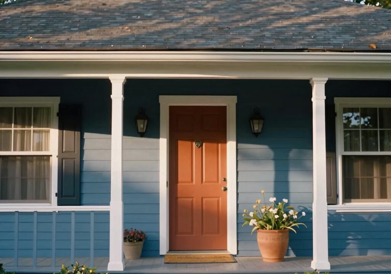 A warm eye-level portrait-aspect shot of a welcoming front porch in Hamilton, NJ, soft natural morning light filtering through trees, 35mm editorial photography