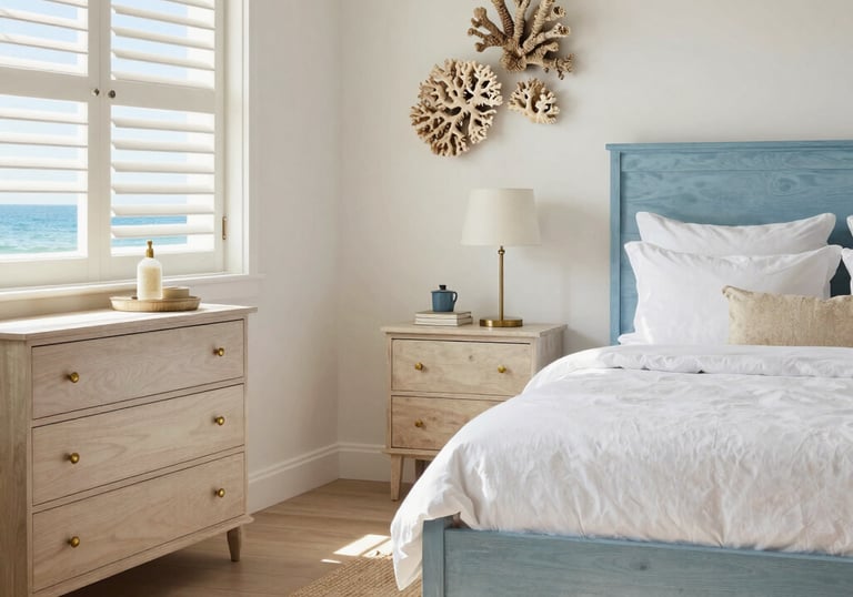 Coastal bedroom with a blue wood bed frame, light oak dresser, and coral wall decor near a window.