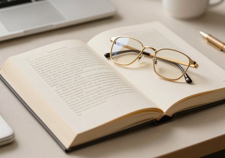 Clean, high-end desk setting with a legal code book and gold reading glasses in a Southern European professional study, cream tones.