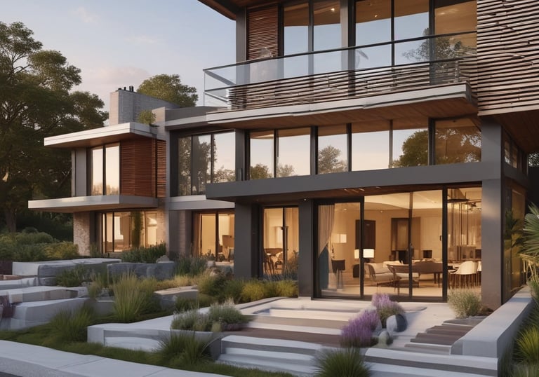 Evening view of the apartment building lit warmly against the city skyline.