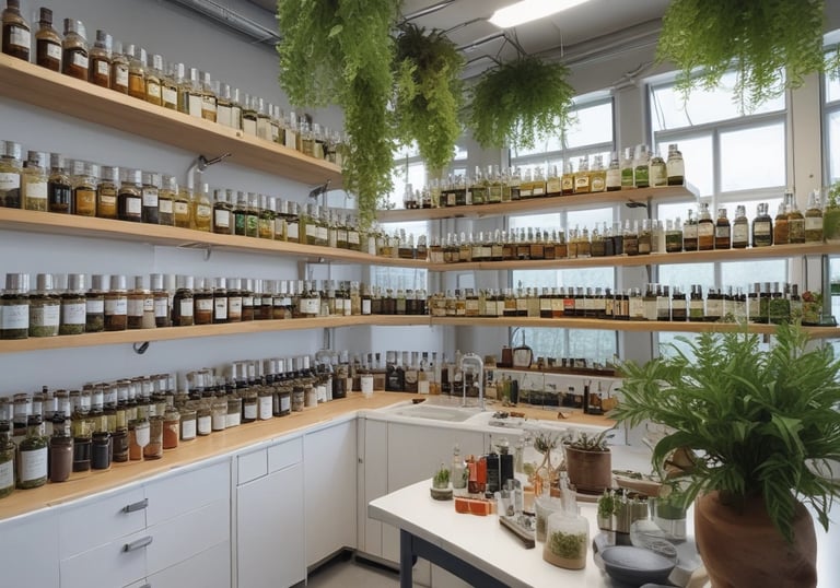 Glass bottles of essential oils surrounded by fresh herbs and flowers.
