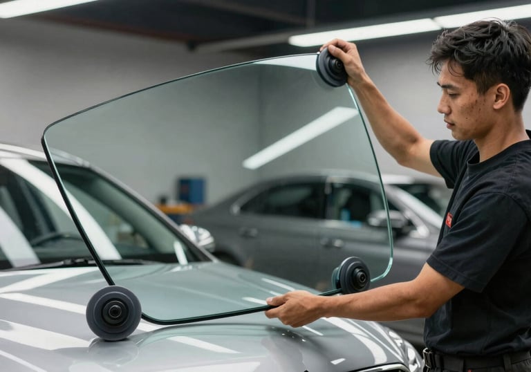 A wide shot of a professional technician carrying a large, curved automotive glass piece with heavy-duty suction cups towards a luxury vehicle, North American setting.