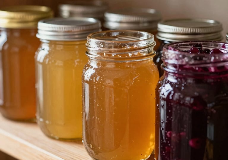 A close-up of several glass jars filled with golden amber honey and rich purple berry preserves on a light brown wooden shelf, soft North American farmhouse lighting.
