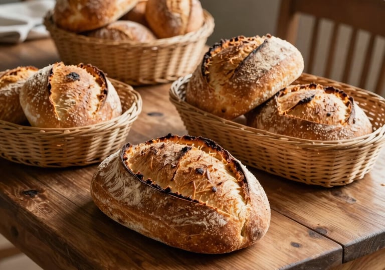A rustic wooden table in a North American setting featuring golden-brown sourdough loaves and crusty pastries in woven baskets, natural side lighting.