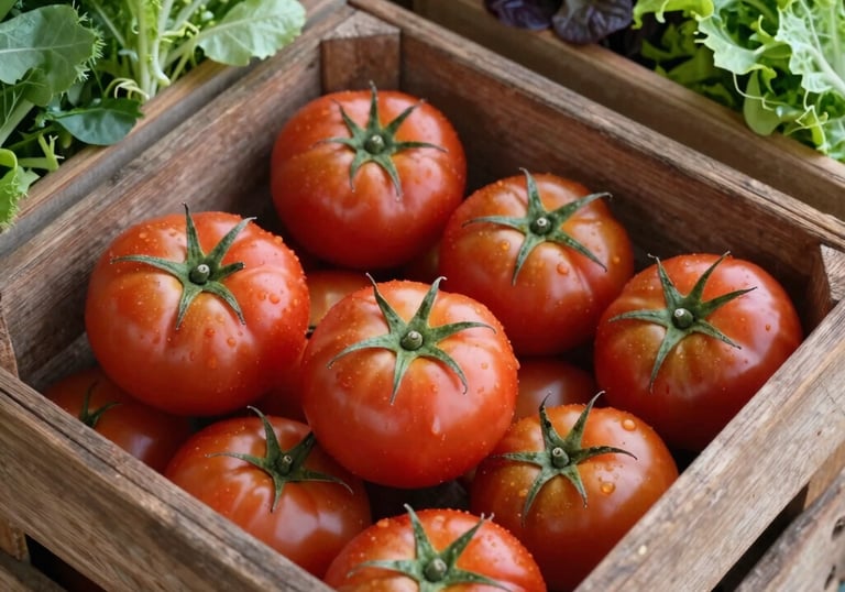 Overhead close-up of heirloom tomatoes and mixed baby greens in weathered wooden crates at a North American outdoor market, natural daylight.