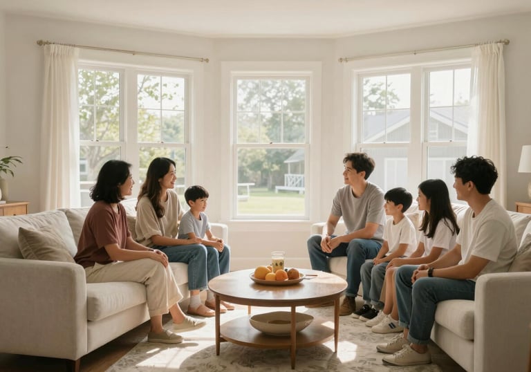 A bright and airy North American / US living room where a family is comfortably sitting together, large windows showing a sunny day, soft crisp off-white decor.