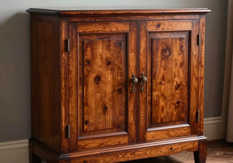 A beautifully restored mahogany side cabinet standing in a classic European living room. The wood glows with a deep, warm luster under soft lighting.