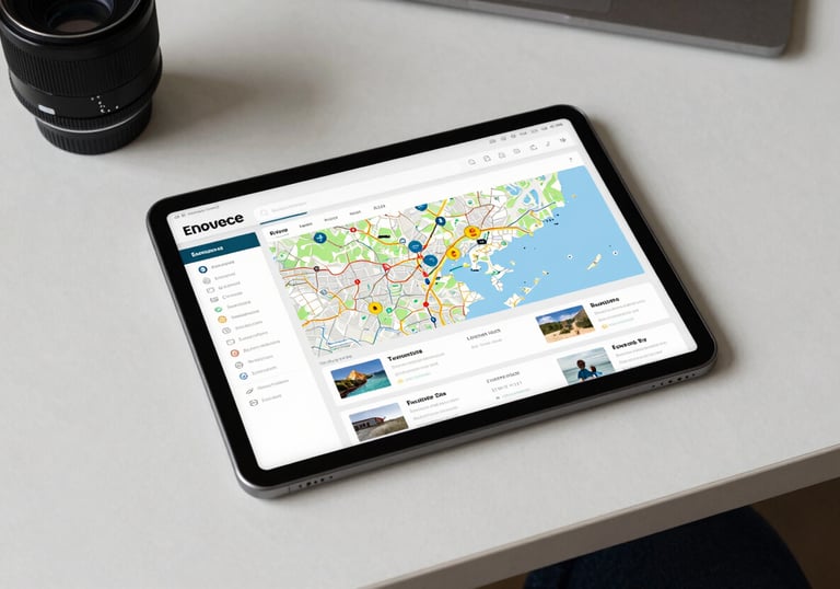 An overhead shot of a clean, minimalist desk with a tablet showing an e-commerce dashboard and a travel map, symbolizing the fusion of work and adventure.