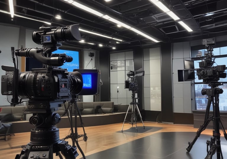 Camera crew filming a television show on a vibrant studio set.