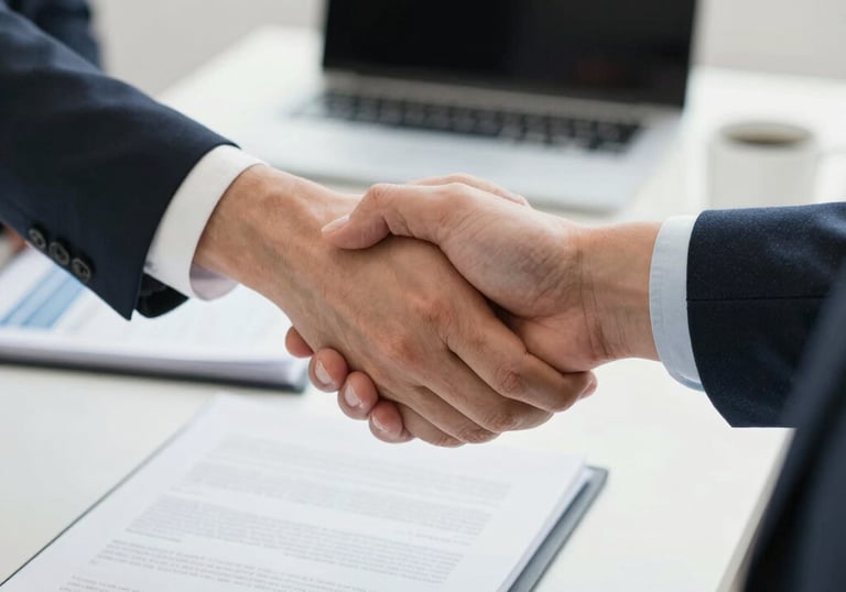 A friendly agent shaking hands with a homeowner in front of a modest house.