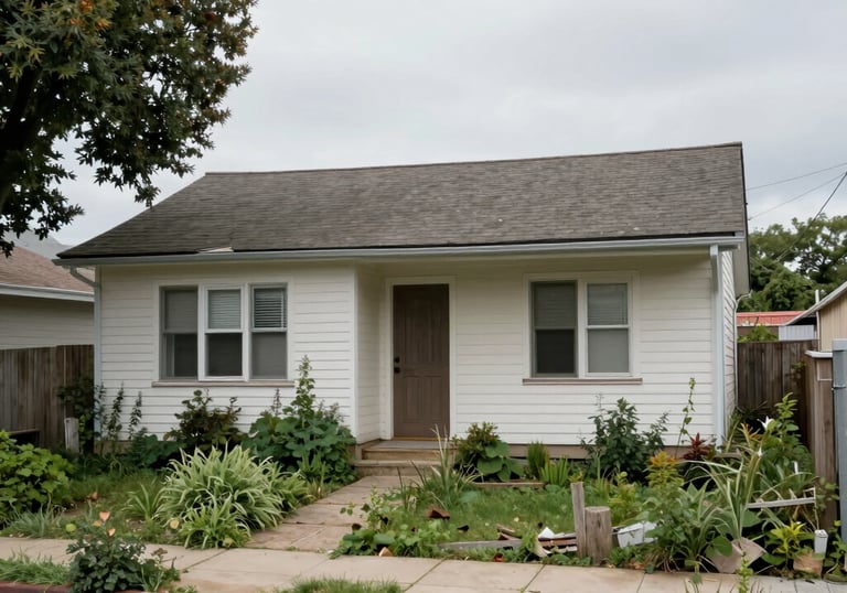 A close-up of a worn-down house with visible damage and overgrown yard.