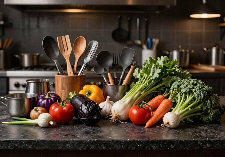 A collection of artisanal kitchen tools and fresh seasonal vegetables arranged on a dark stone countertop in a Western / European-influenced restaurant kitchen. Low-key lighting, professional and authentic.