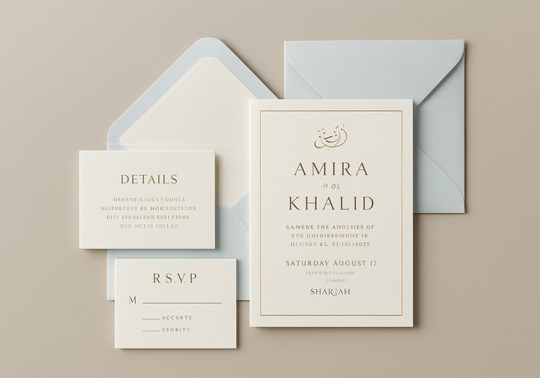 An assortment of bespoke wedding stationery in Sharjah, showcasing heavy cardstock, elegant foil textures, and #F0F4F7 envelopes.