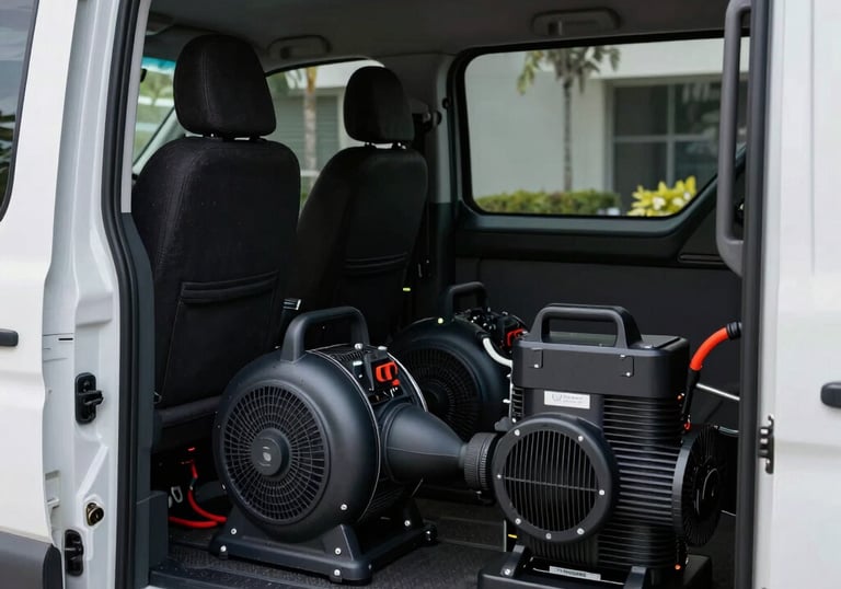 A clean and organized van interior filled with high-tech water damage restoration equipment like blowers and pumps, parked in Miami, Florida.