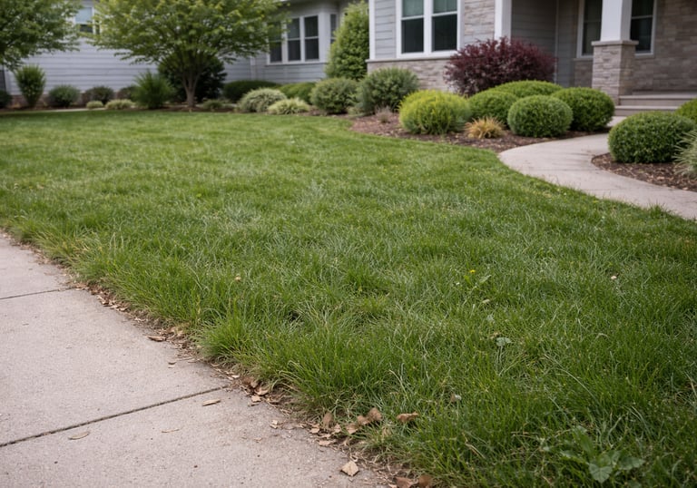  green lawn and landscaping shrubs bordering a concrete sidewalk in a residential front yard.