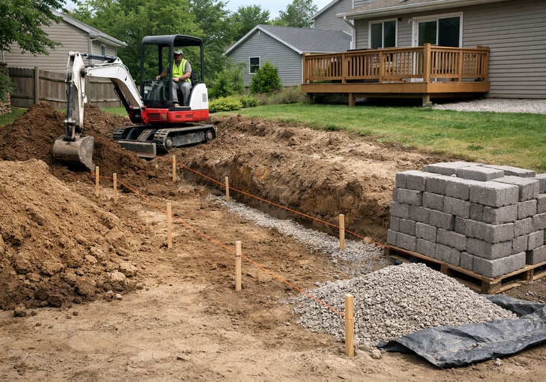 Mini excavator digging a trench for a retaining wall project in a residential backyard with gravel and pavers.