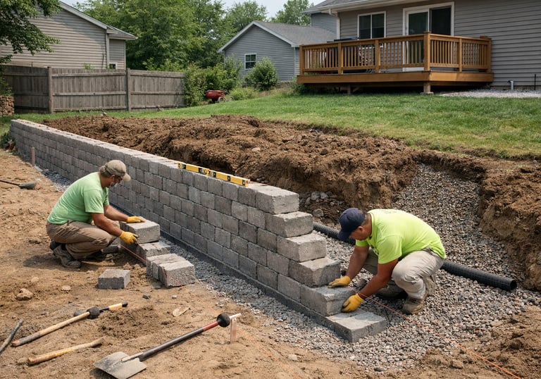 Professional contractors installing a grey concrete block retaining wall in a residential backyard.