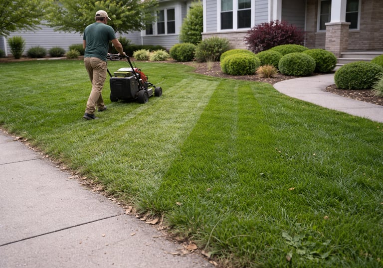 Professional lawn care specialist mowing a lush green residential yard with clean stripe patterns.