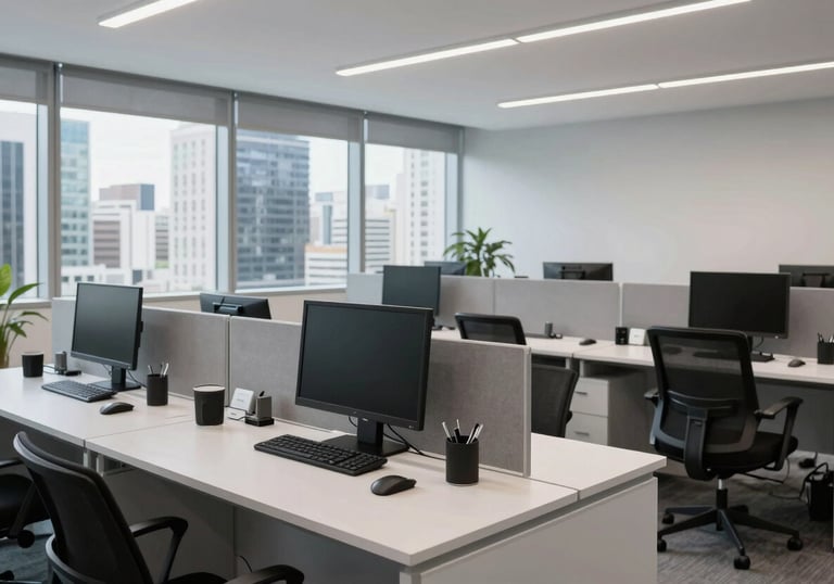 A bright and organized corporate workspace in a major Brazilian city, showcasing clean lines, professional equipment, and a sophisticated atmosphere in shades of light gray.