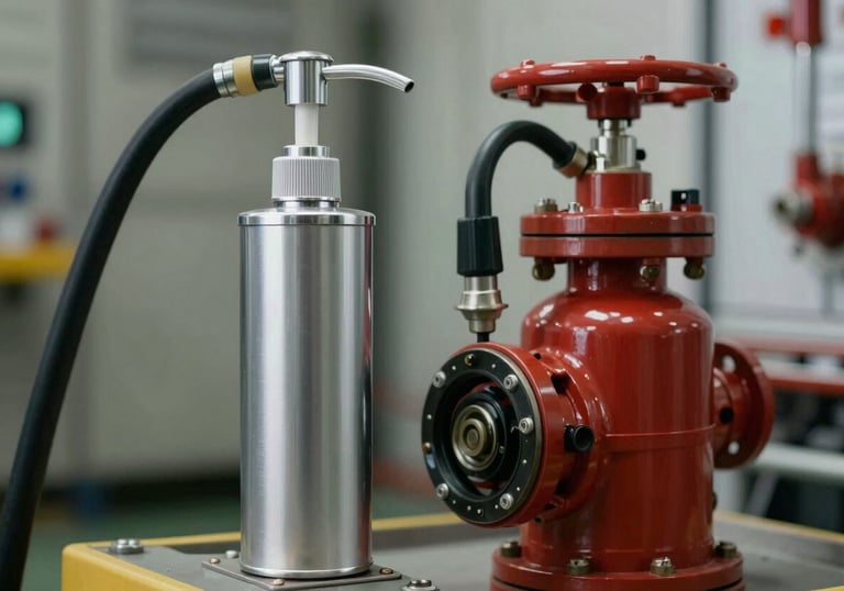 A sleek, compact leakage makeup pump (jokey pompa) installed alongside a main fire pump unit. The composition shows the scale difference between the pumps in a professional, well-lit industrial setting.
