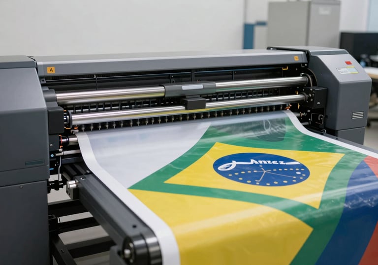 A large-format industrial printer in action, producing a wide colorful banner. The focus is on the movement of the print head. Modern studio setting. Sul Americano / Brasileiro.