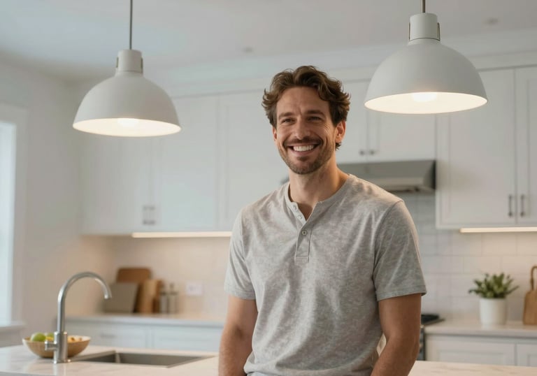 A happy homeowner standing in a bright, modern North American / US kitchen illuminated by professional-grade pendant lights. Soft sky blue and off-white colors dominate the warm atmosphere.