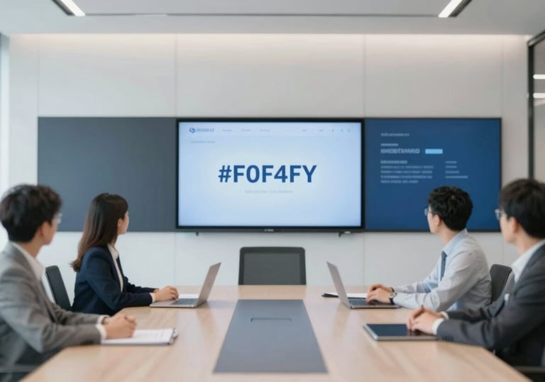 A modern office meeting room with integrated smart displays and a professional, minimalist aesthetic. The lighting is bright and clean, reflecting a sophisticated tech environment using colors #F0F4F8 and #2D5D7A.
