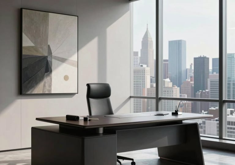 A sleek, high-end North American executive workspace featuring a minimalist desk, modern art, and a large window overlooking a city skyline.