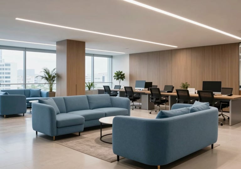 Photography of a modern office lounge in Brazil with soft sky blue furniture and clean lines, embodying a high-performance corporate culture.