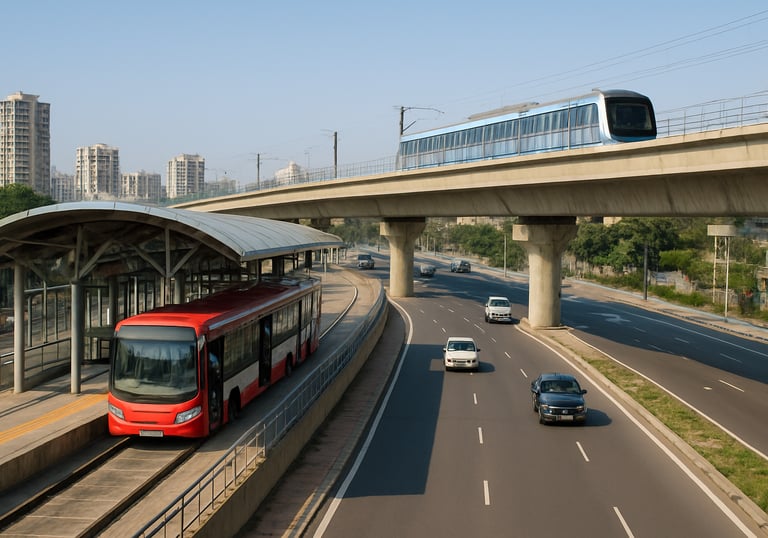 Modern public transportation or infrastructure in a South Asian / Indian metropolitan area, clean and functional, bright natural lighting.