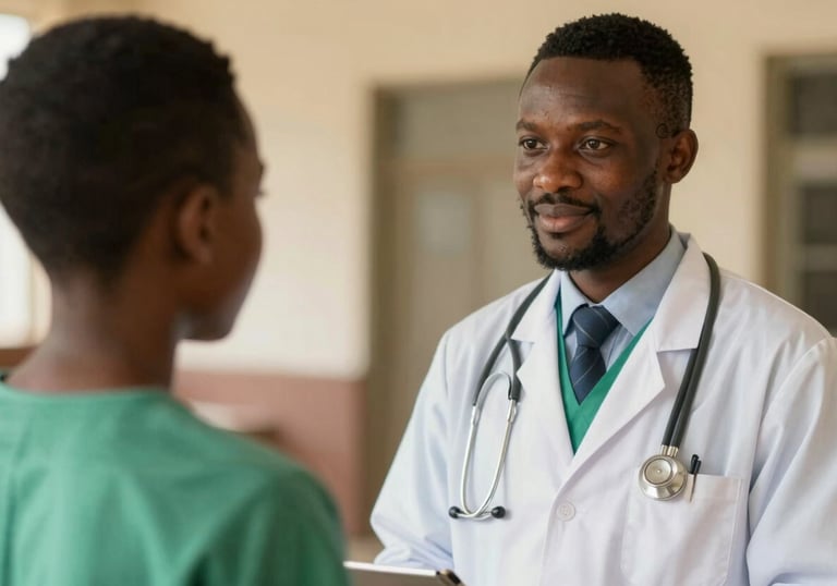 A close-up of a doctor and a student in Nigeria, representing health and education. The style is warm, authentic, and human-centric, using soft lighting and a palette emphasizing #B4D3C5 and #F8F4EC.