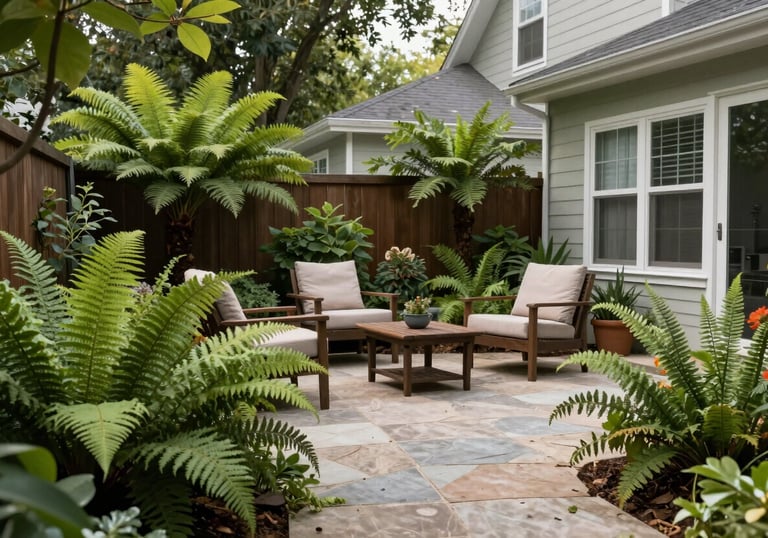 A serene and private backyard patio in a North American / US residential area, featuring lush Fern Green plants and comfortable outdoor seating. Professional garden photography.