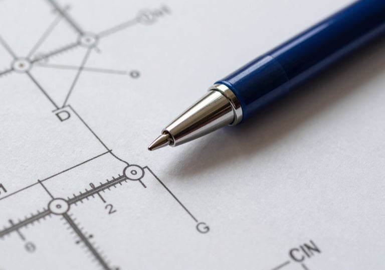 Close up photography of a professional electrical schematic paper with a steel blue pen resting on it, showing fine technical details and clear lines.