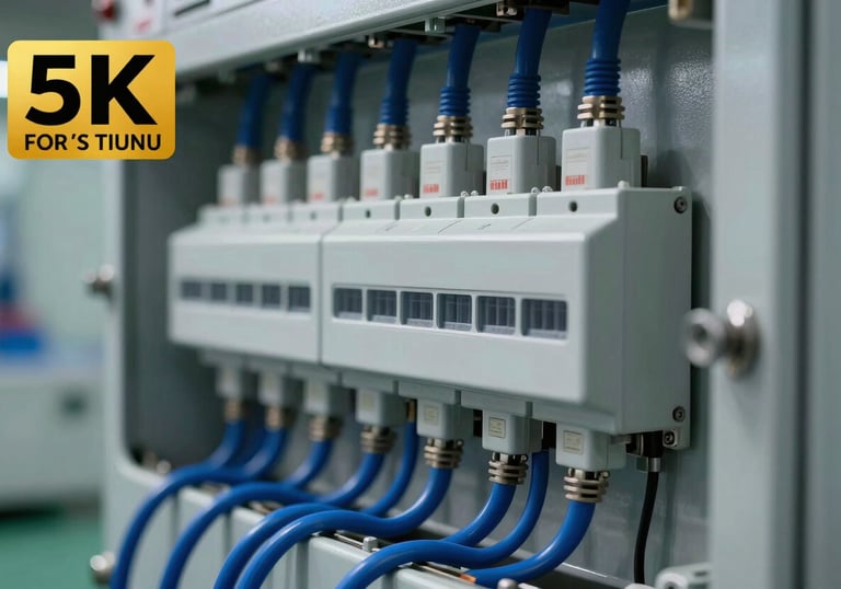 A modern industrial power distribution unit with neatly organized wires in deep blue and grey, showing high-quality electrical engineering craftsmanship.