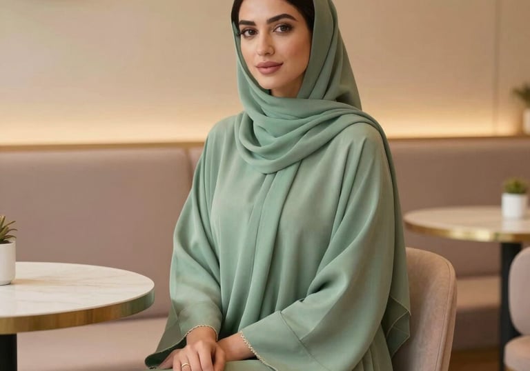 A lifestyle shot of a woman in a sage green abaya, sitting gracefully in a minimalist cafe with warm wooden textures and soft pastel decor.