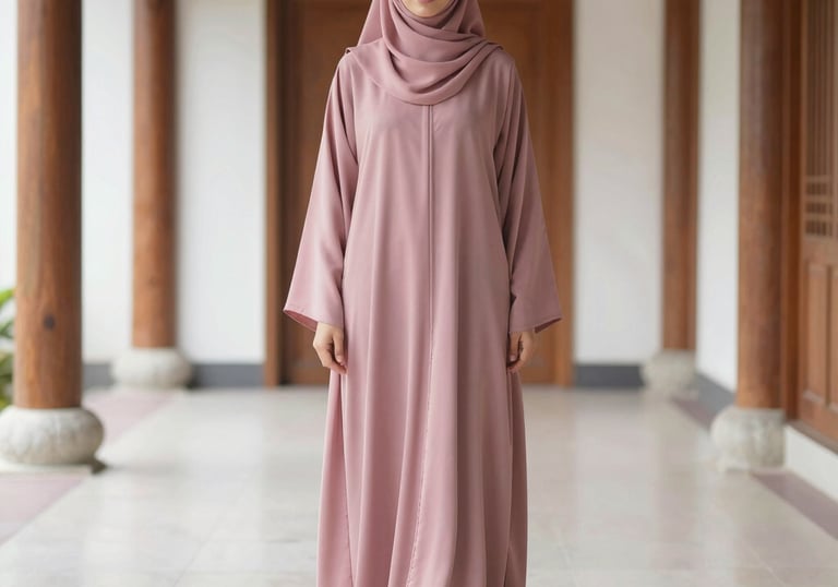 A full-length shot of a woman wearing a modest dusty rose abaya, standing in a brightly lit, minimalist indoor space with Southeast Asian wooden accents. The composition is clean and centered.