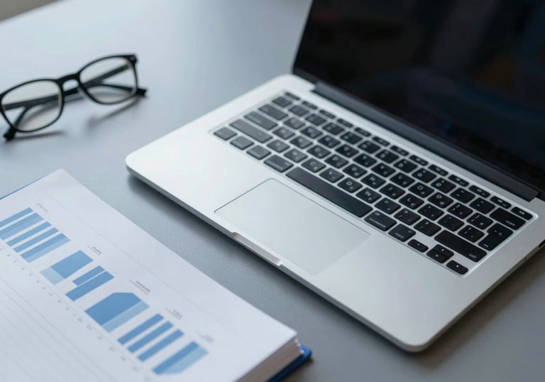 A sleek, top-down view of a professional desk with an open high-end laptop, modern glasses, and a financial planner, in a palette of #F8F9FA and #3F5B75.
