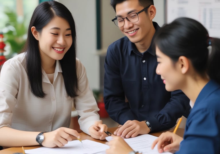 A friendly education consultant discussing options with a student over a laptop.