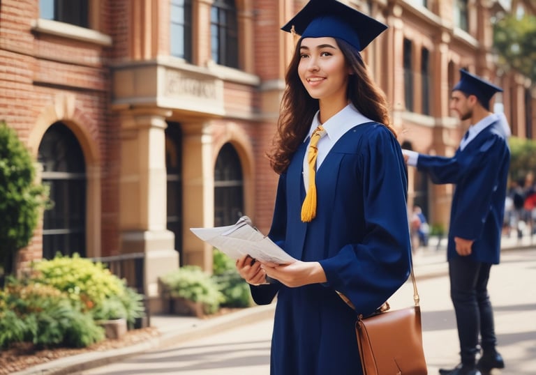 A student happily receiving their acceptance letter from an Australian university.