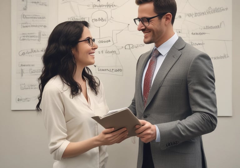A friendly education consultant discussing options with a student over a laptop.